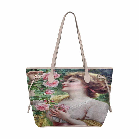 Victorian Lady Design Handbag, Model 1695361, Lady Picking A Pink Rose, BEIGE/TAN TRIM
