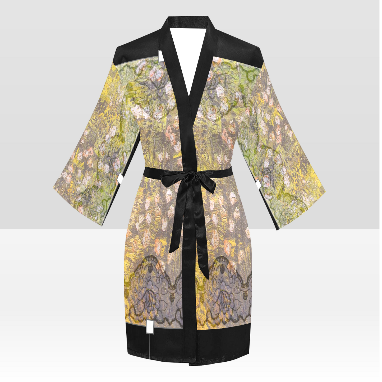 Vintage Floral Kimono Robe, Black or White Trim, Sizes XS to 2XL, Design 05x