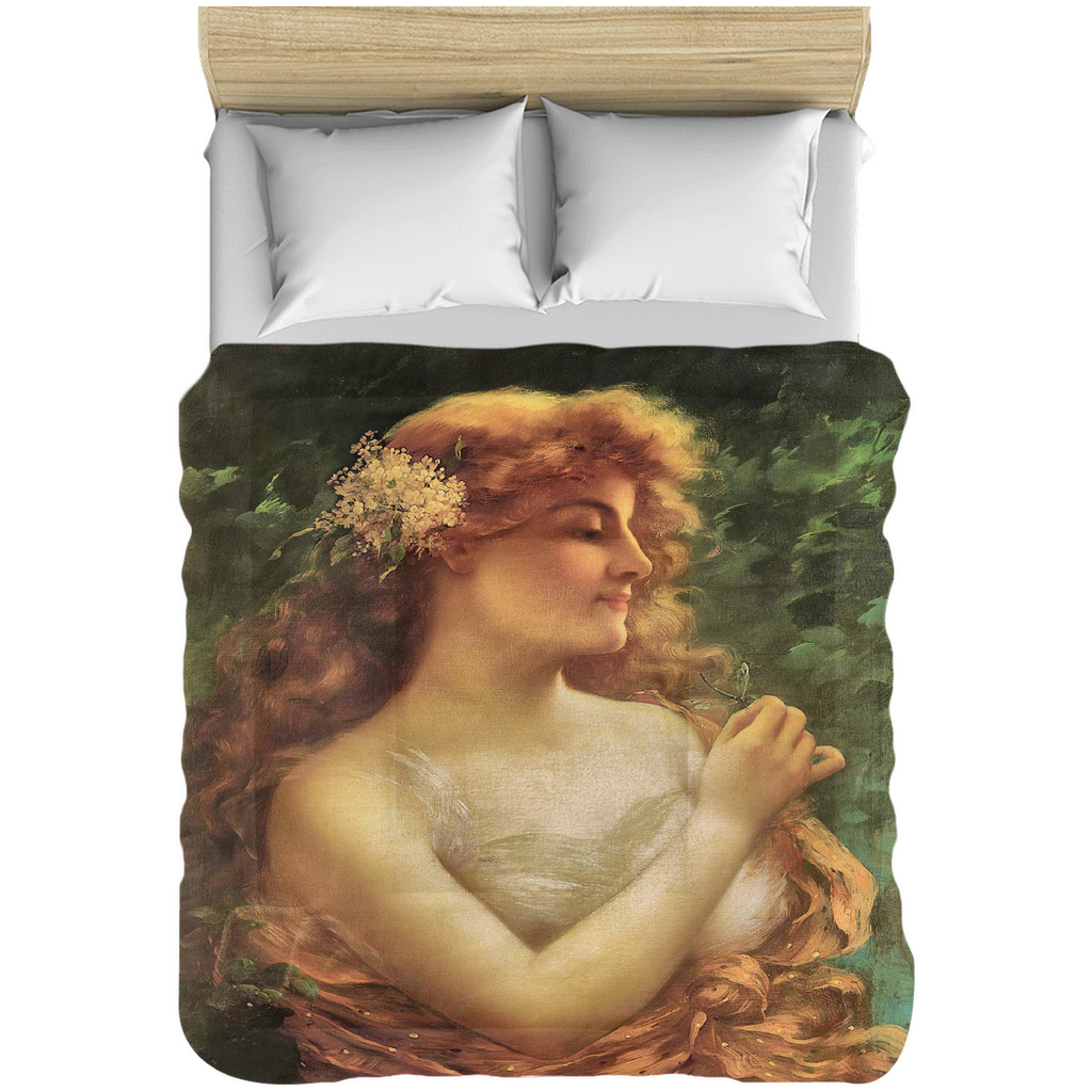 Victorian lady design comforter, twin, twin XL, queen or king, Young Woman with a Dragonfly