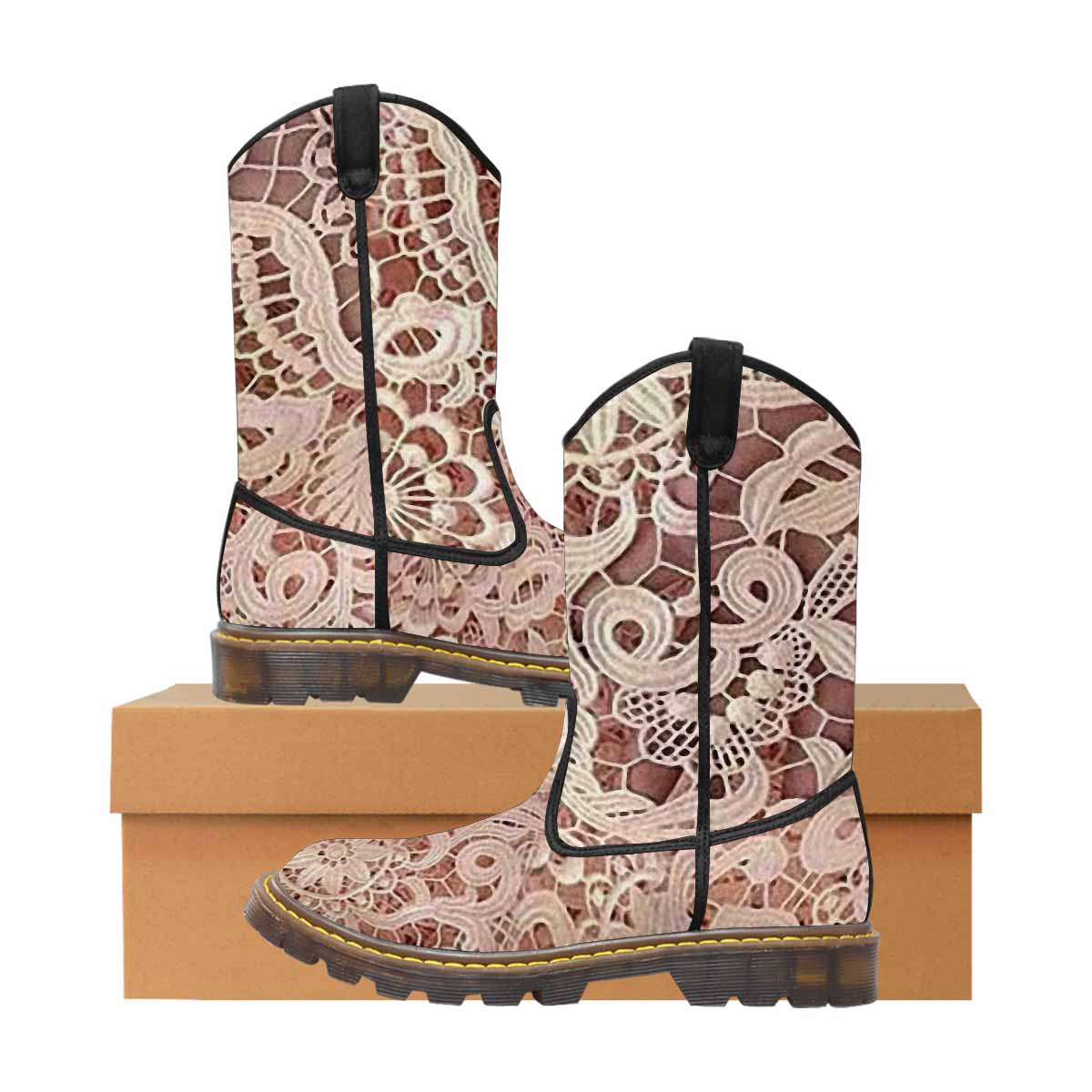 Victorian lace print, western lumber boots, design 11