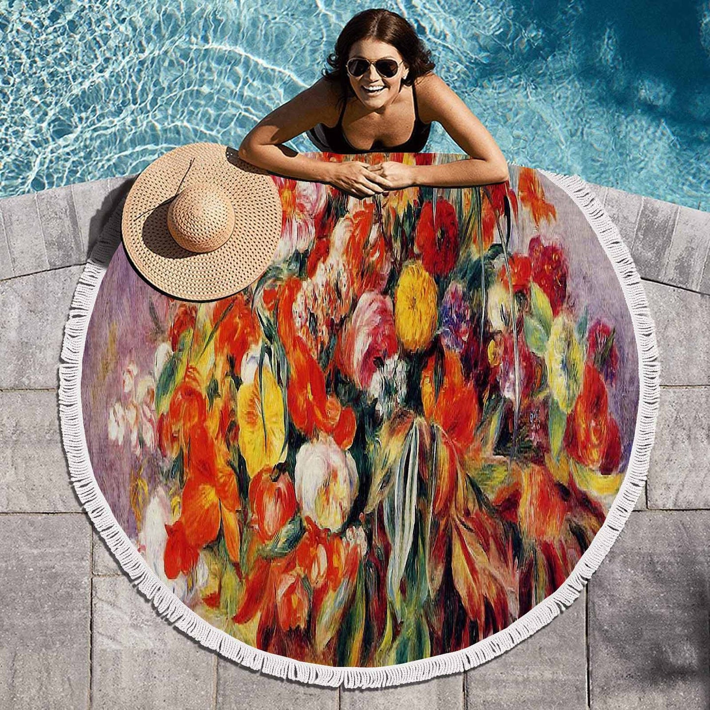 Vintage Floral circular plush beach towel, fringe edges, Design 19
