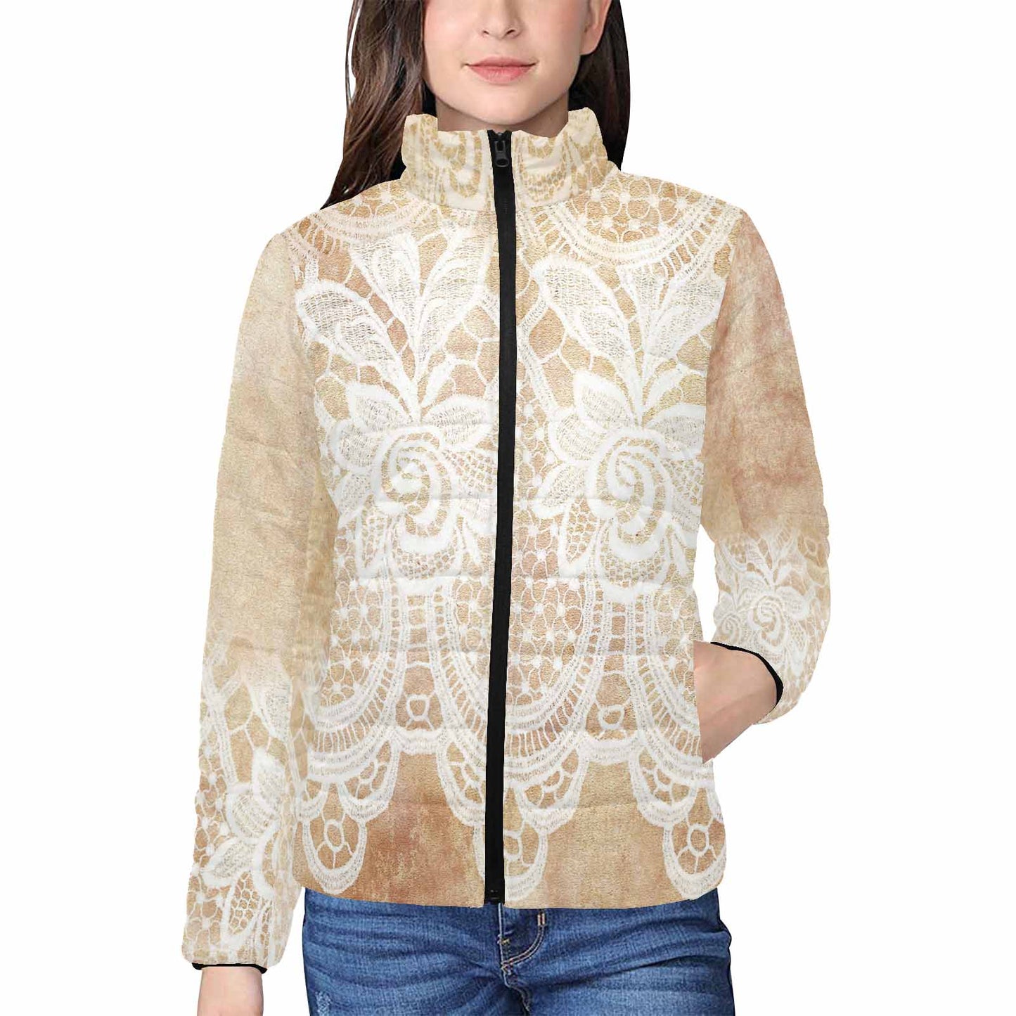 Victorian Lace print womens padded quilted jacket, design 30