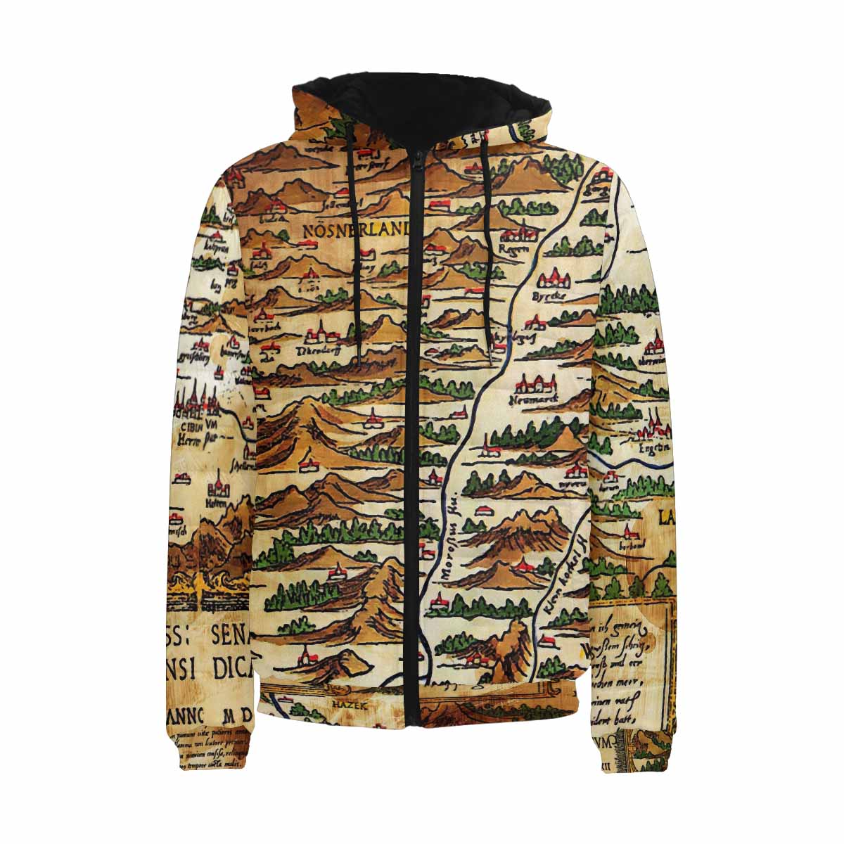 Antique Map design, mens lightweight, warm, quilted hooded bomber jacket, design, 48