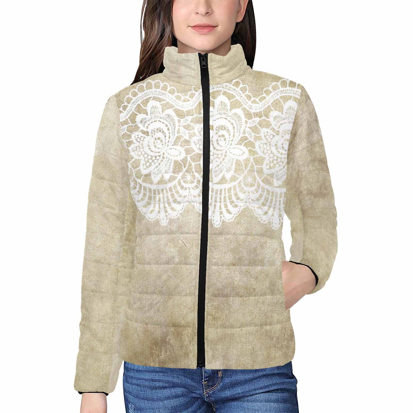 Victorian Lace print womens padded quilted jacket, design 28