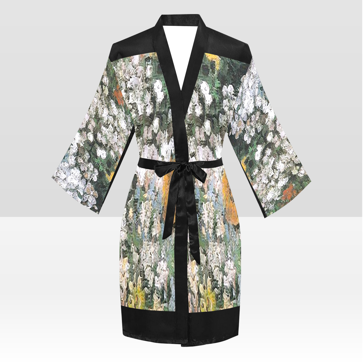 Vintage Floral Kimono Robe, Black or White Trim, Sizes XS to 2XL, Design 07