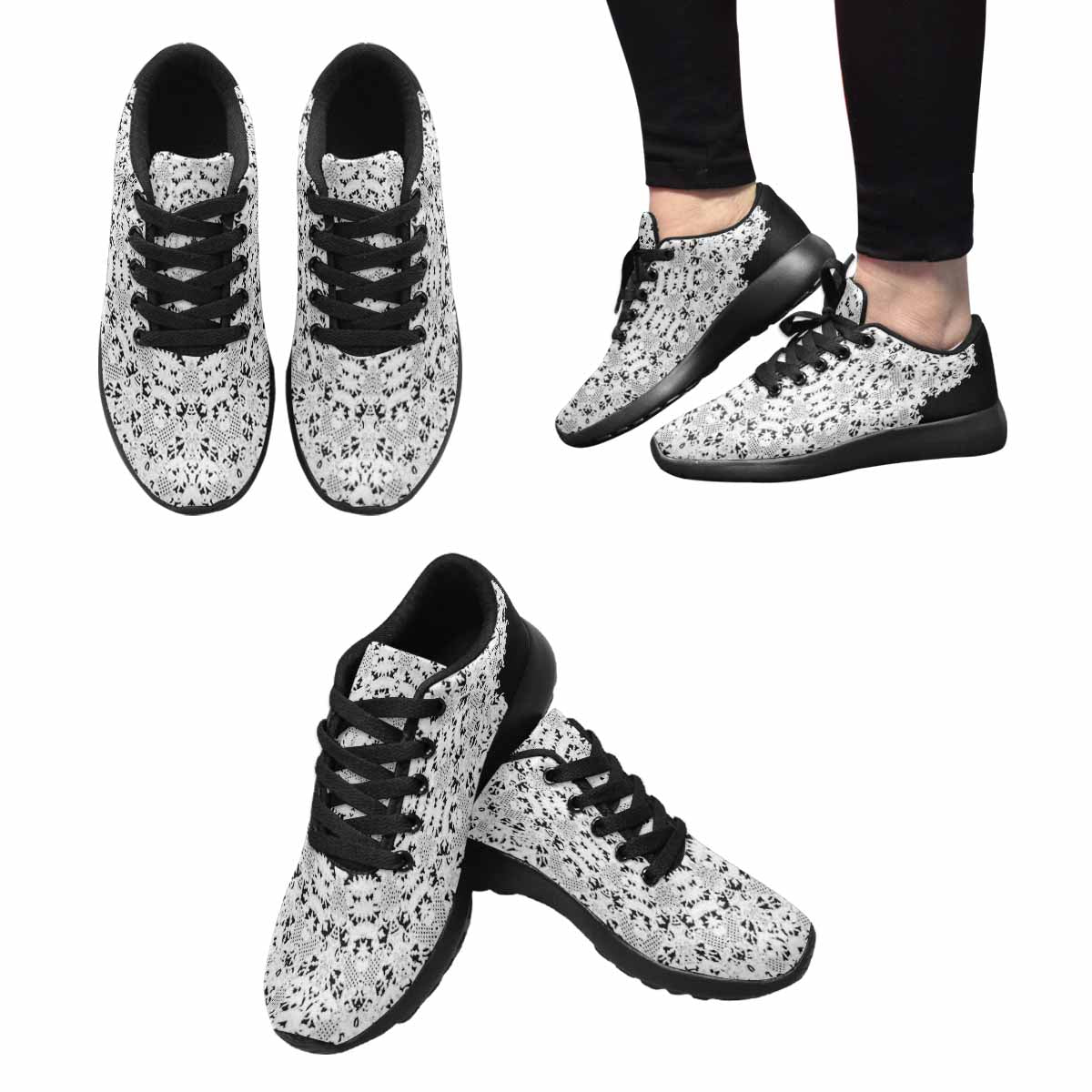 Victorian lace print, womens cute casual or running sneakers, design 50