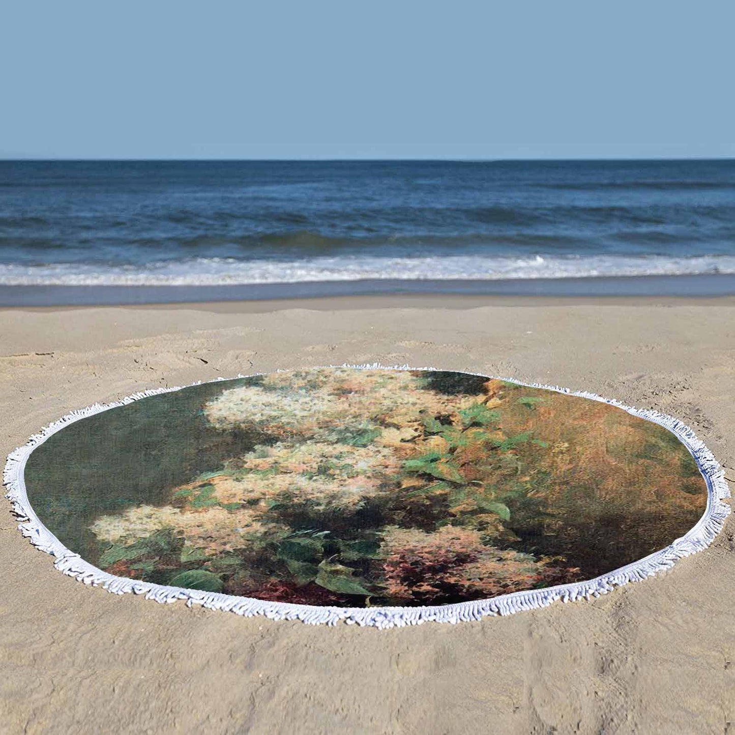 Vintage Floral circular plush beach towel, fringe edges, Design 34