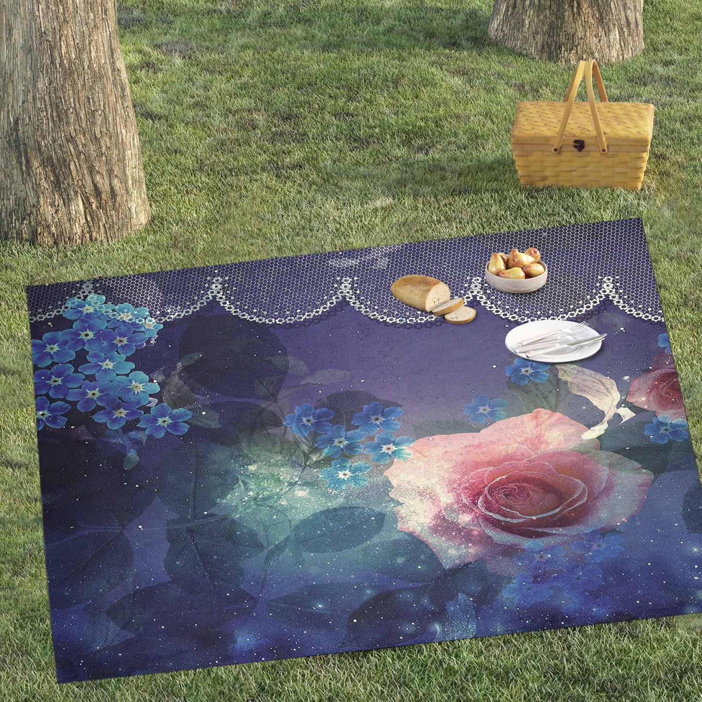 Victorian lace print waterproof picnic mat, 81 x 55in, design 02