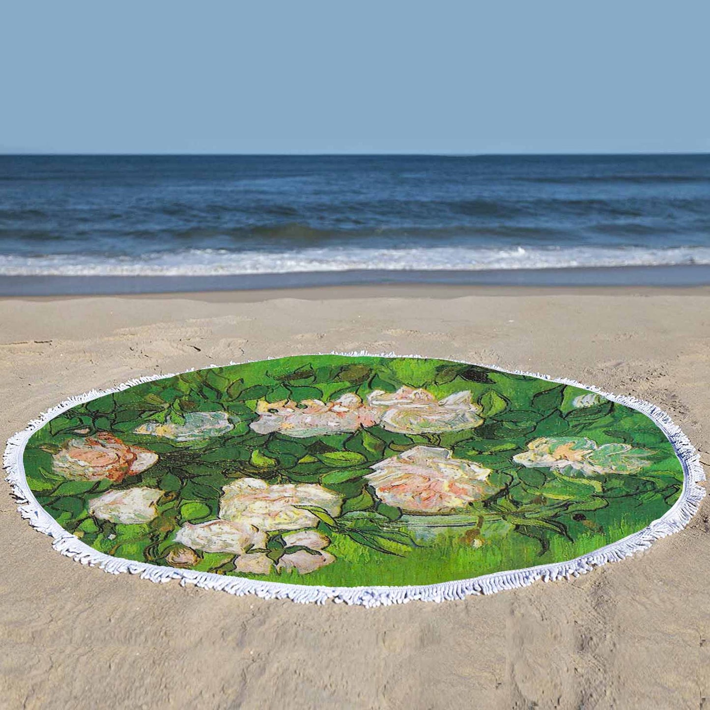 Vintage Floral circular plush beach towel, fringe edges, Design 06