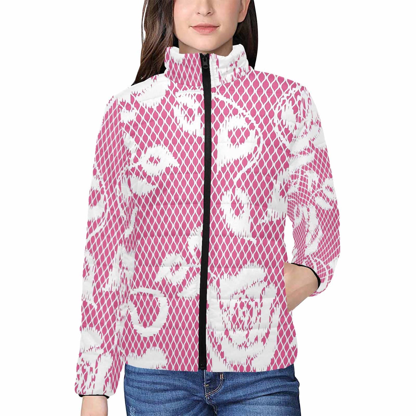 Victorian Lace print womens padded quilted jacket, design 17