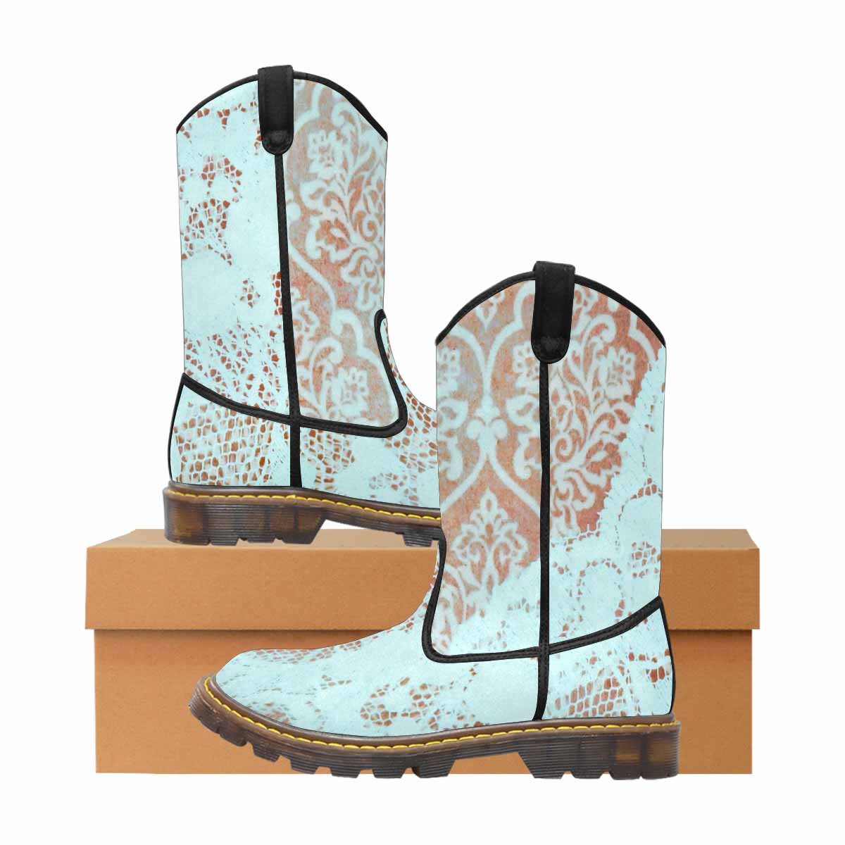 Victorian lace print, western lumber boots, design 23