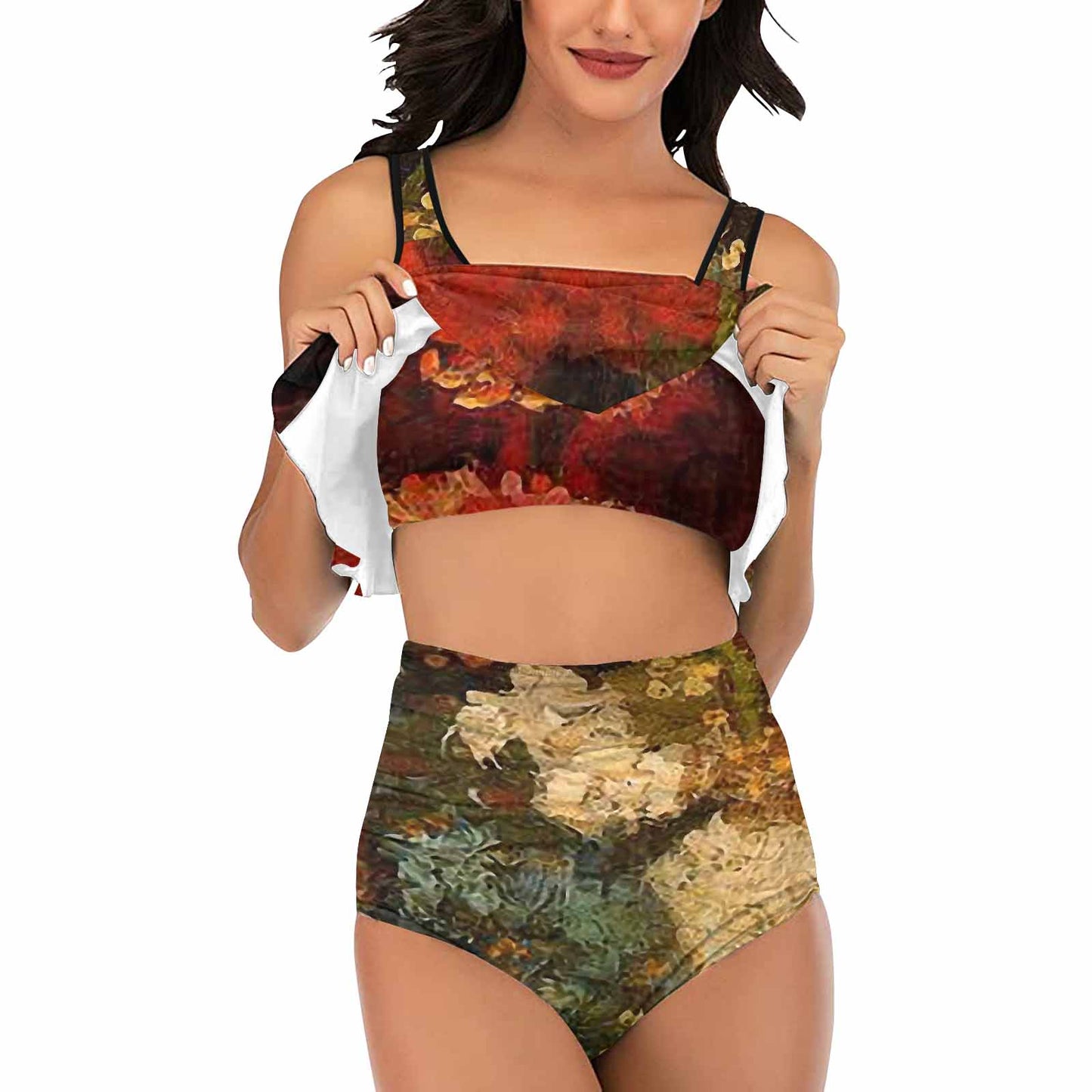 Vintage floral high waisted flounce top bikini, swim wear, Design 31