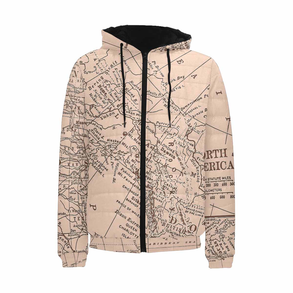 Antique Map design, mens lightweight, warm, quilted hooded bomber jacket, design, 53