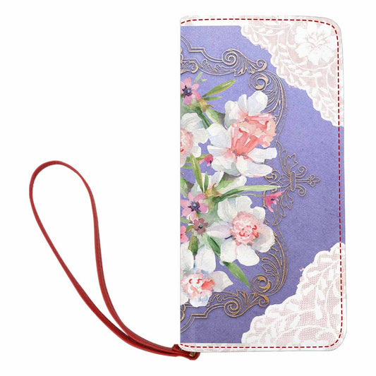 Victorian lace print womens wallet, clutch purse, red trim, design 47