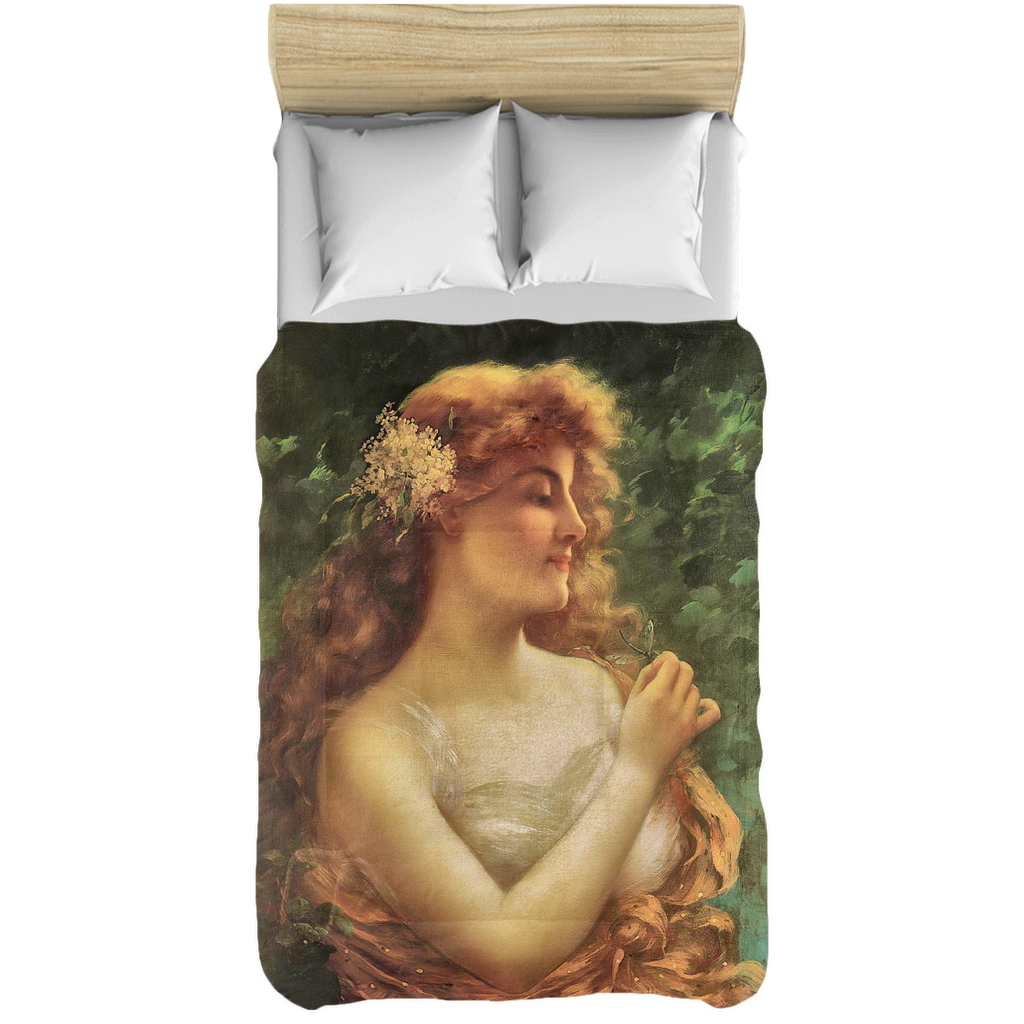 Victorian lady design comforter, twin, twin XL, queen or king, Young Woman with a Dragonfly