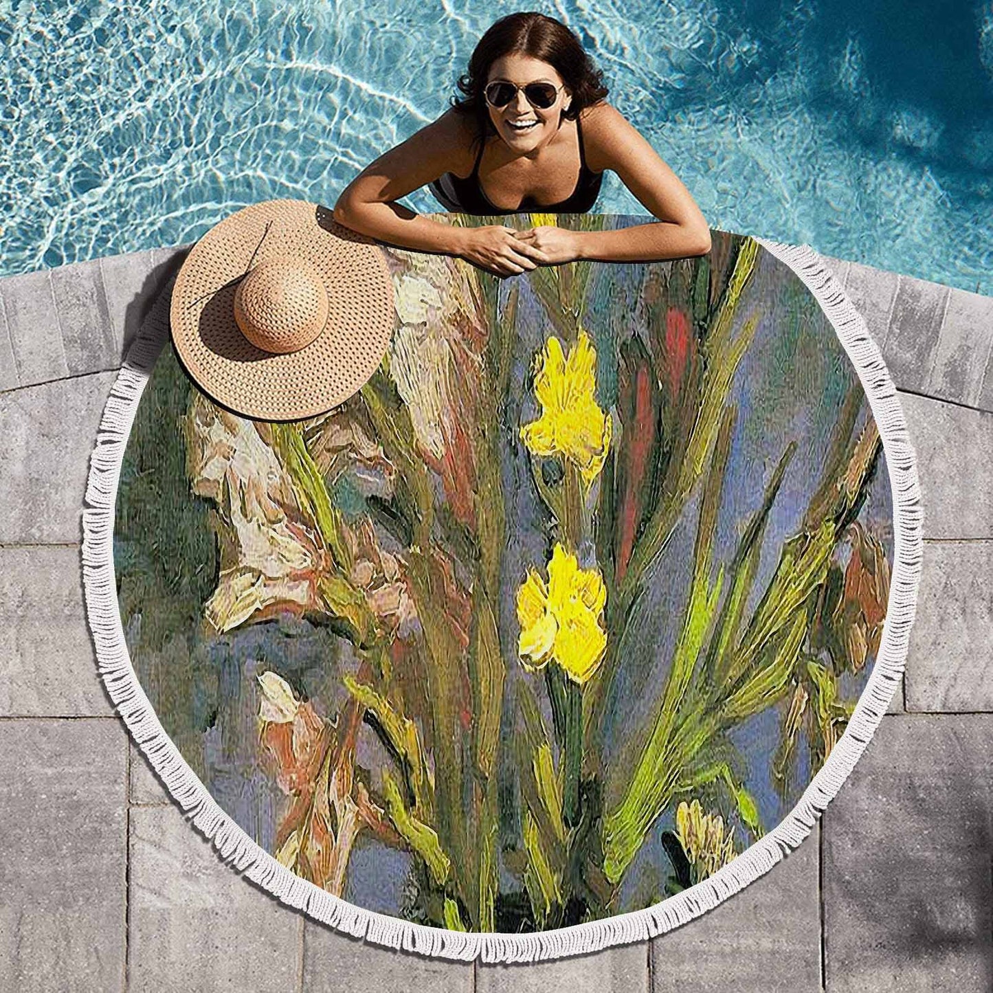 Vintage Floral circular plush beach towel, fringe edges, Design 59