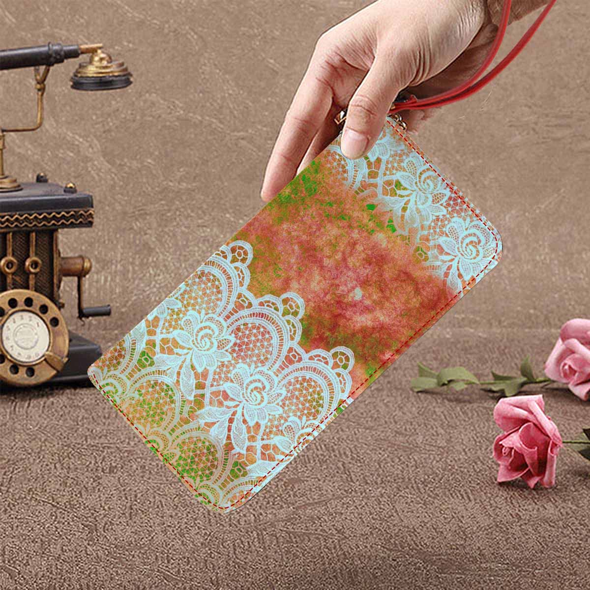 Victorian lace print womens wallet, clutch purse, red trim, design 31