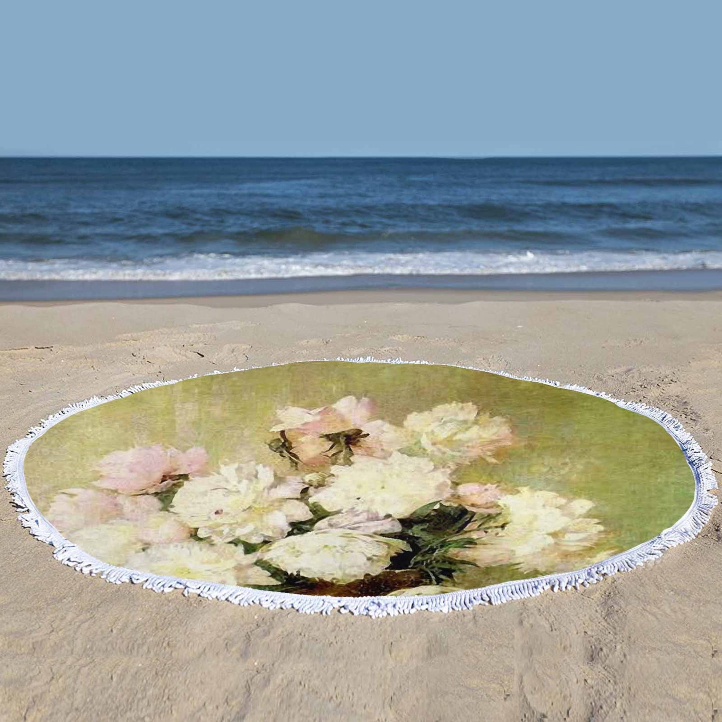 Vintage Floral circular plush beach towel, fringe edges, Design 35