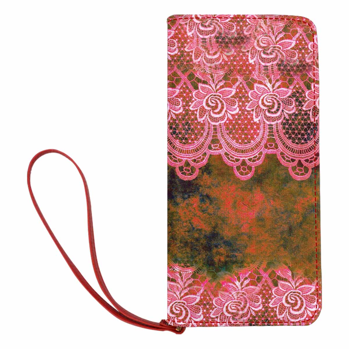 Victorian lace print womens wallet, clutch purse, red trim, design 32