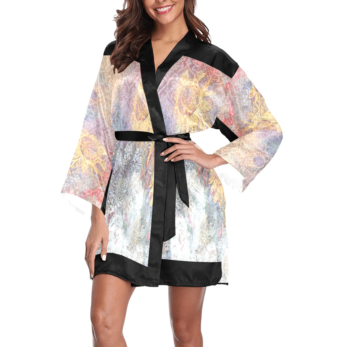 Vintage Floral Kimono Robe, Black or White Trim, Sizes XS to 2XL, Design 54x