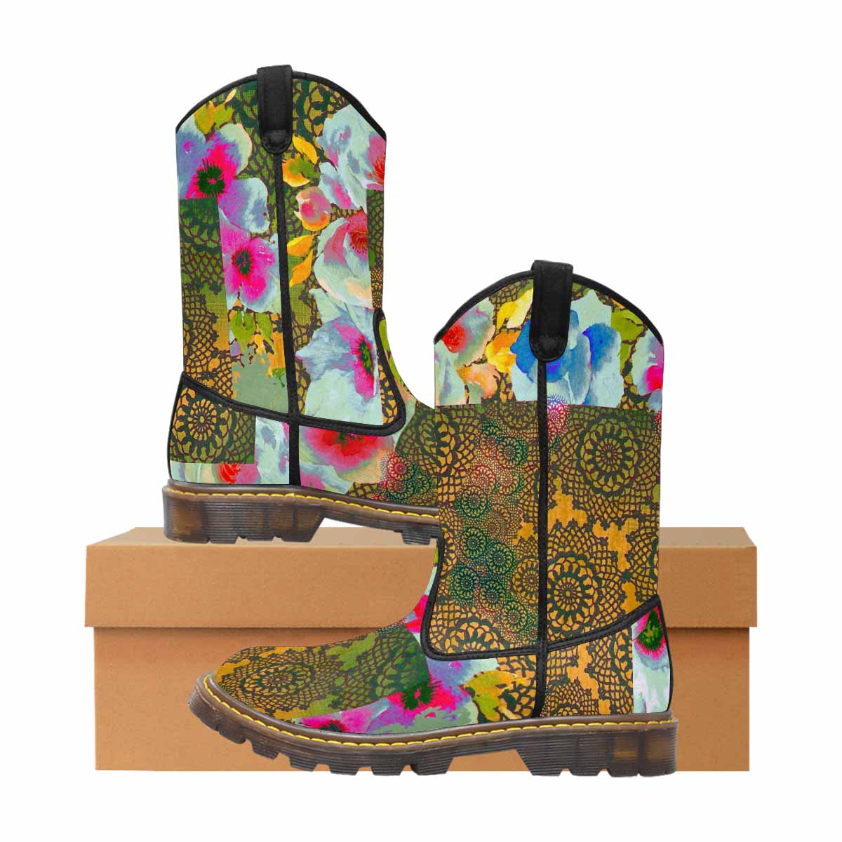 Victorian lace print, western lumber boots, design 15