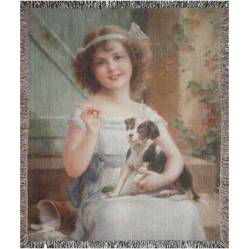 100% cotton Victorian Girl design woven blanket, 50 x 60 or 60 x 80in, Waiting for the Vet