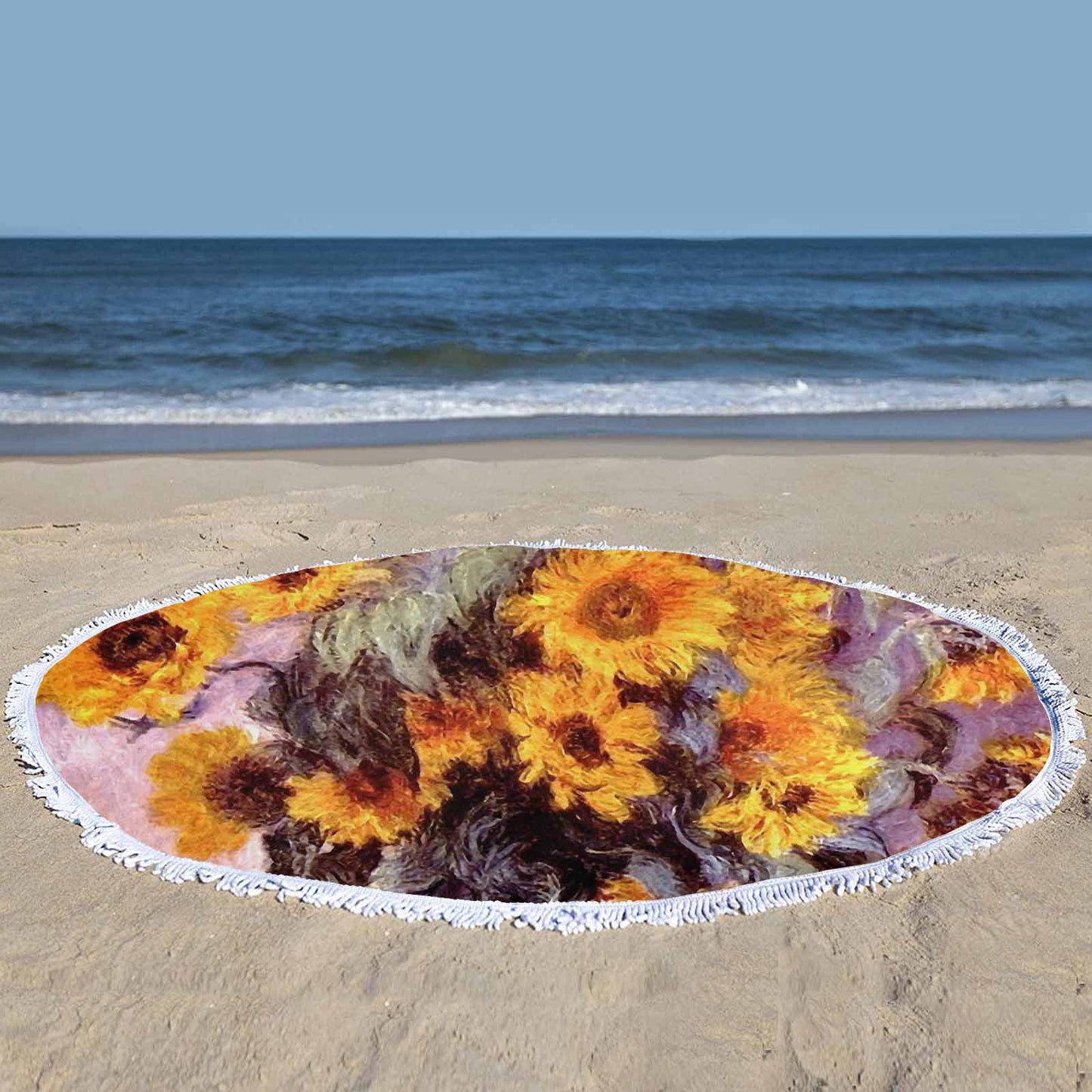 Vintage Floral circular plush beach towel, fringe edges, Design 49