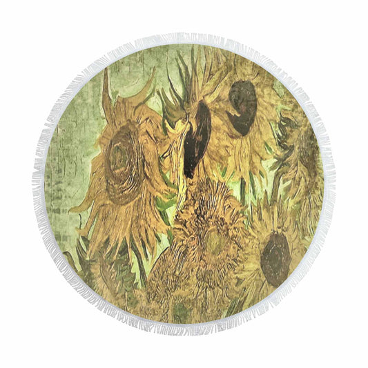 Vintage Floral circular plush beach towel, fringe edges, Design 48x