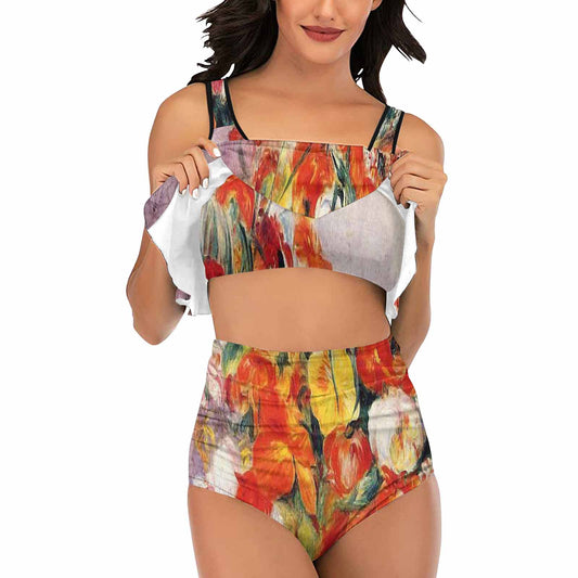 Vintage floral high waisted flounce top bikini, swim wear, Design 19