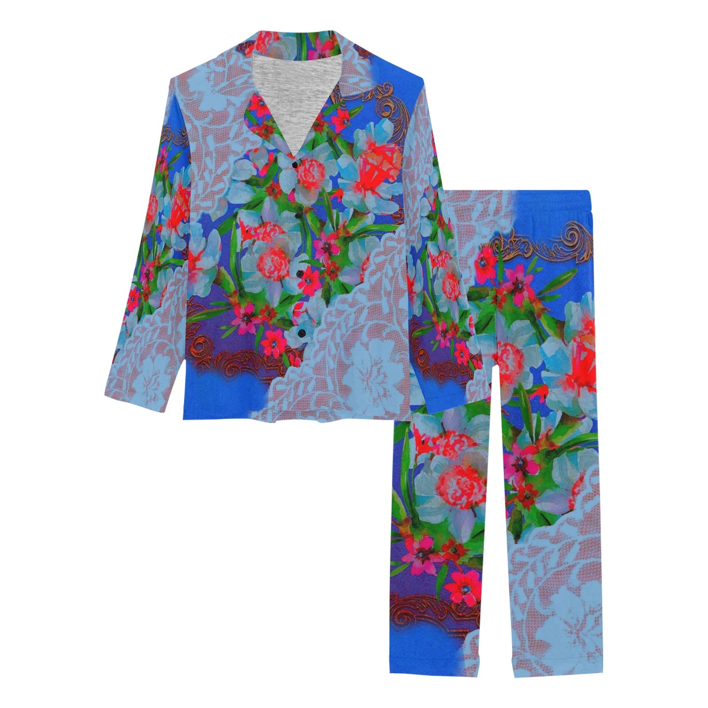 Victorian printed lace pajama set, design 46 Women's Long Pajama Set (Sets 02)