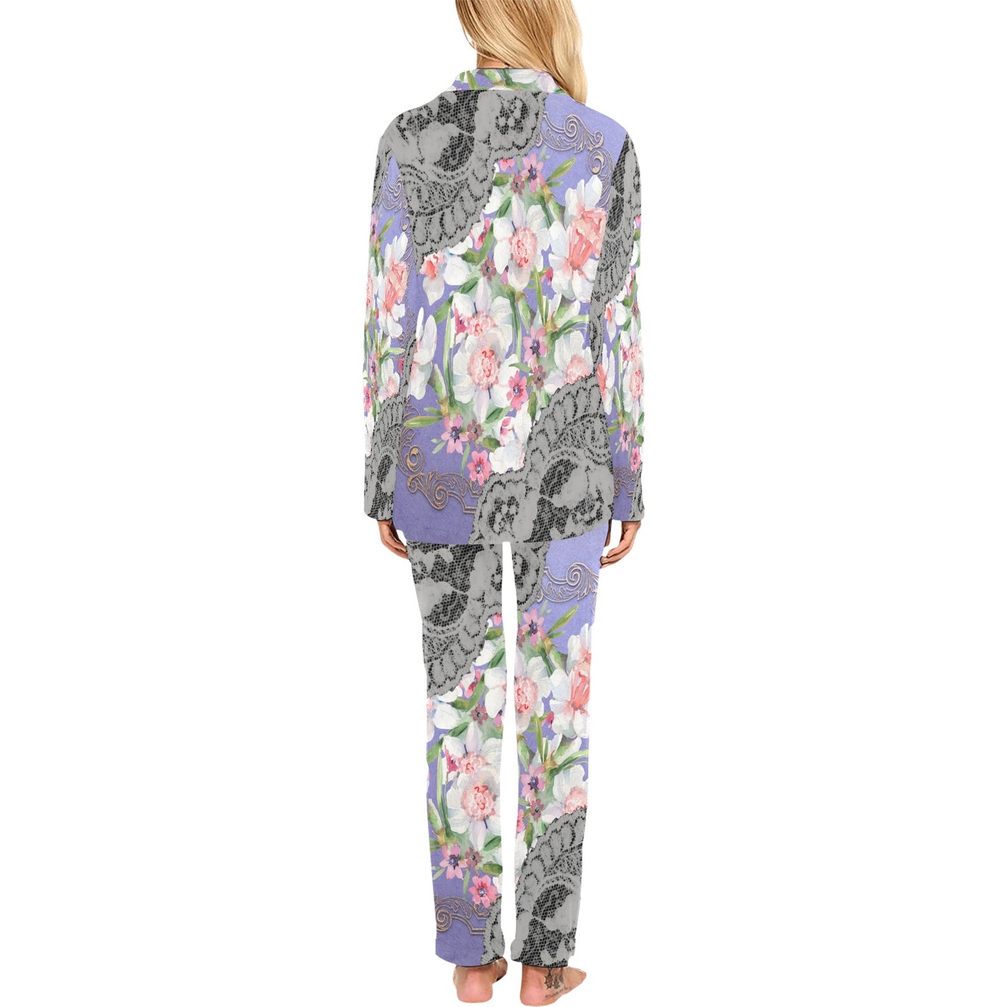 Victorian printed lace pajama set, design 45 Women's Long Pajama Set (Sets 02)