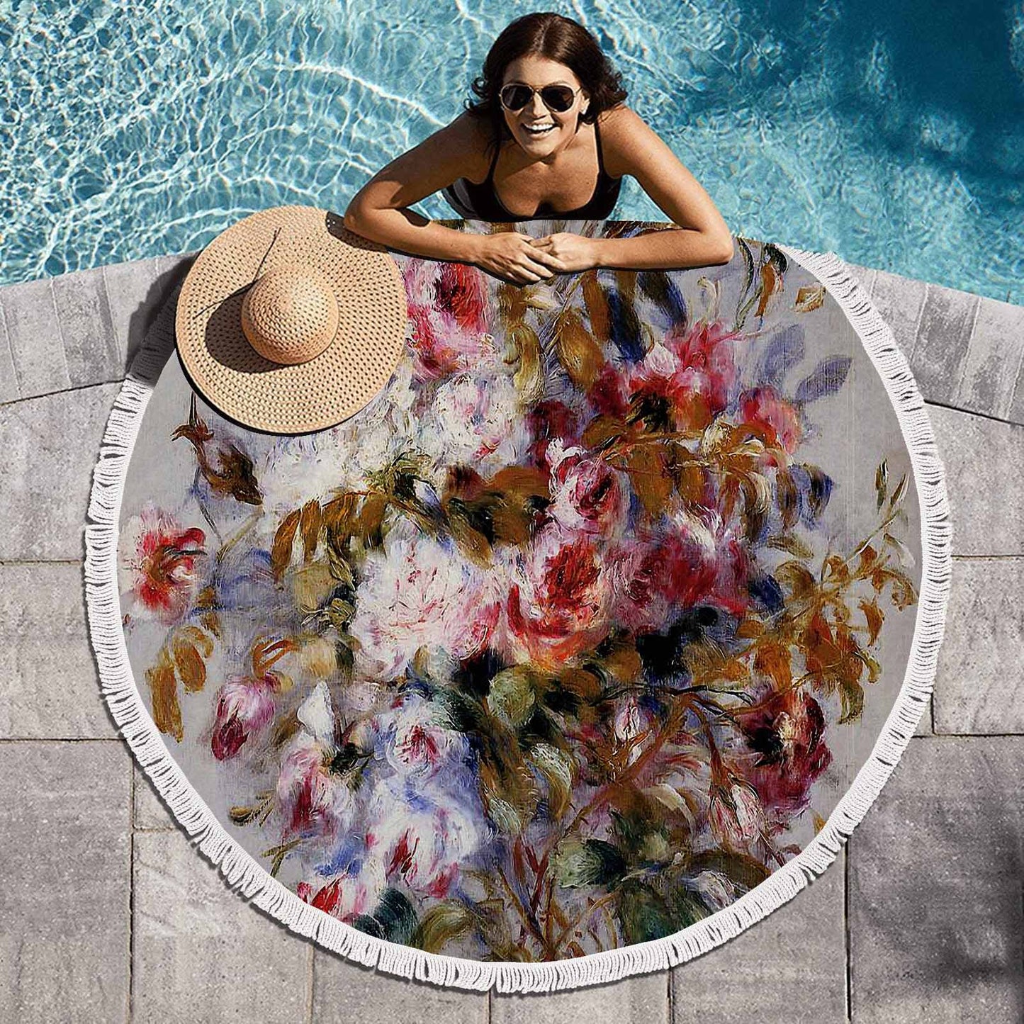 Vintage Floral circular plush beach towel, fringe edges, Design 12
