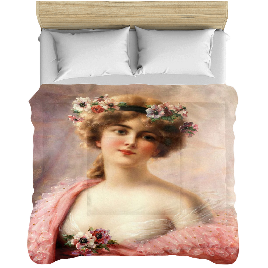 Victorian lady design comforter, twin, twin XL, queen or king, Young Girl with Anemones