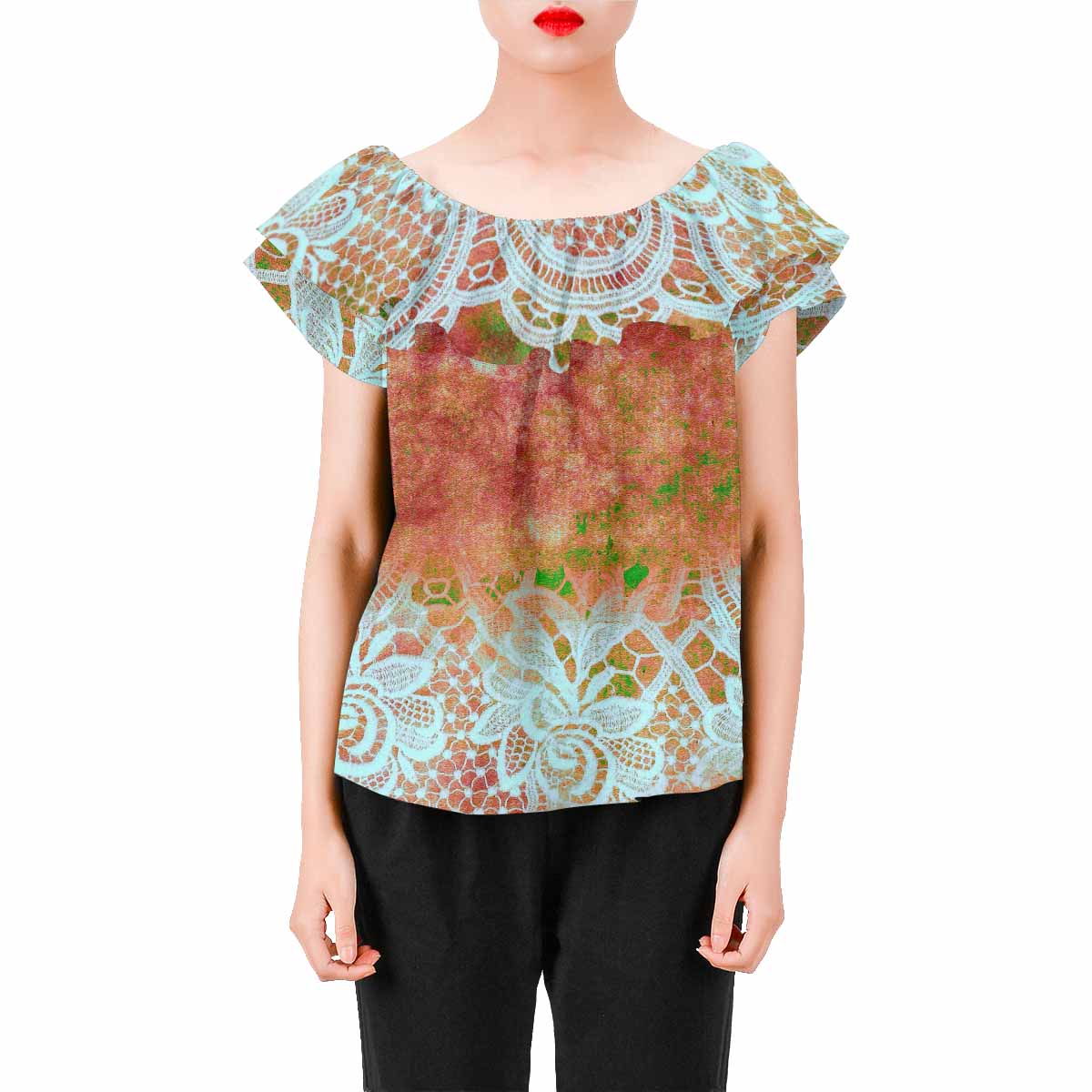 Victorian Lace print Chiffon Blouse, design 31