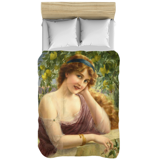 Victorian lady design comforter, twin, twin XL, queen or king, Girl by the Lemon Tree