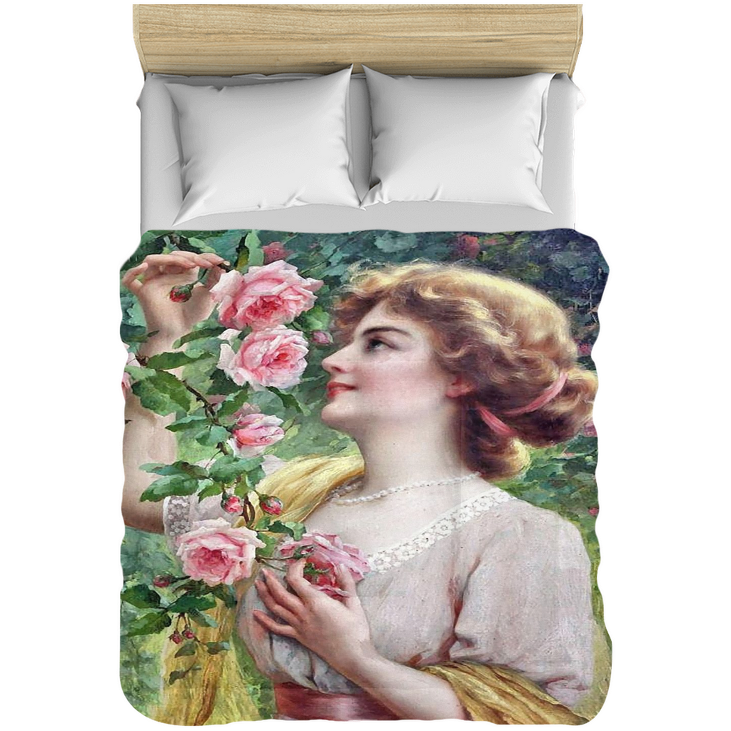 Victorian lady design comforter, twin, twin XL, queen or king, lady picking pink rose