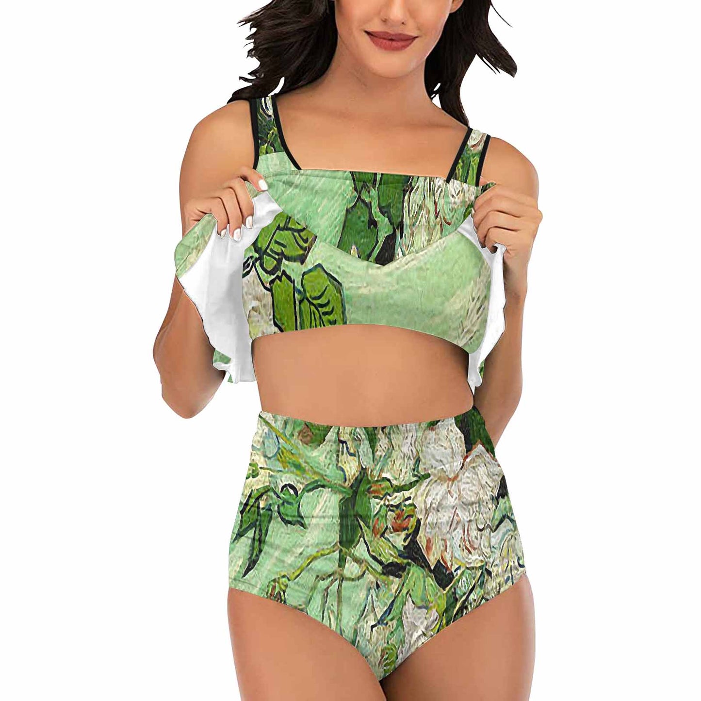 Vintage floral high waisted flounce top bikini, swim wear, Design 45