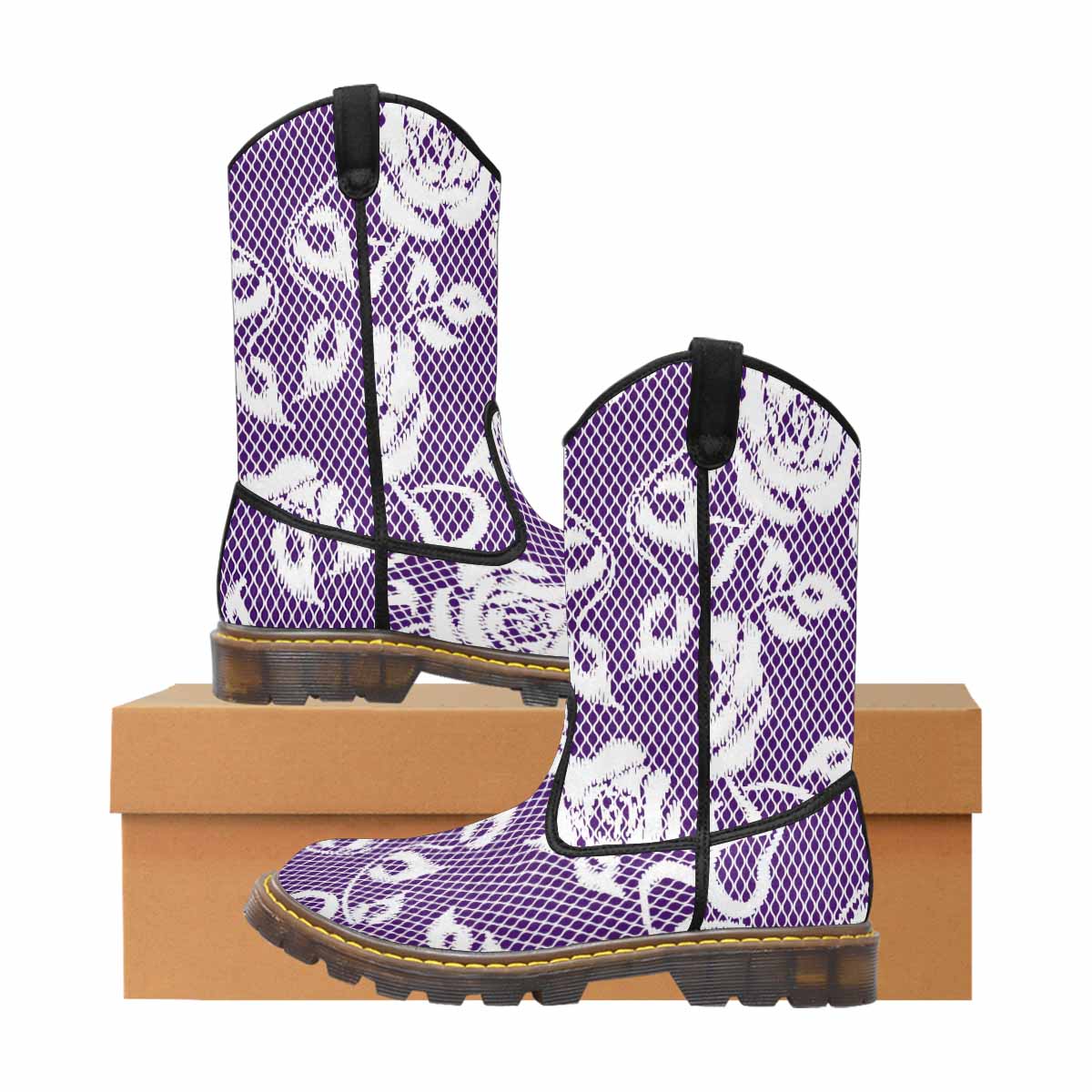 Victorian lace print, western lumber boots, design 18