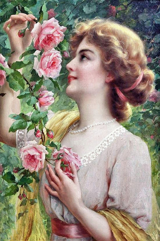 Victorian lady fine art print  lady picking pink rose