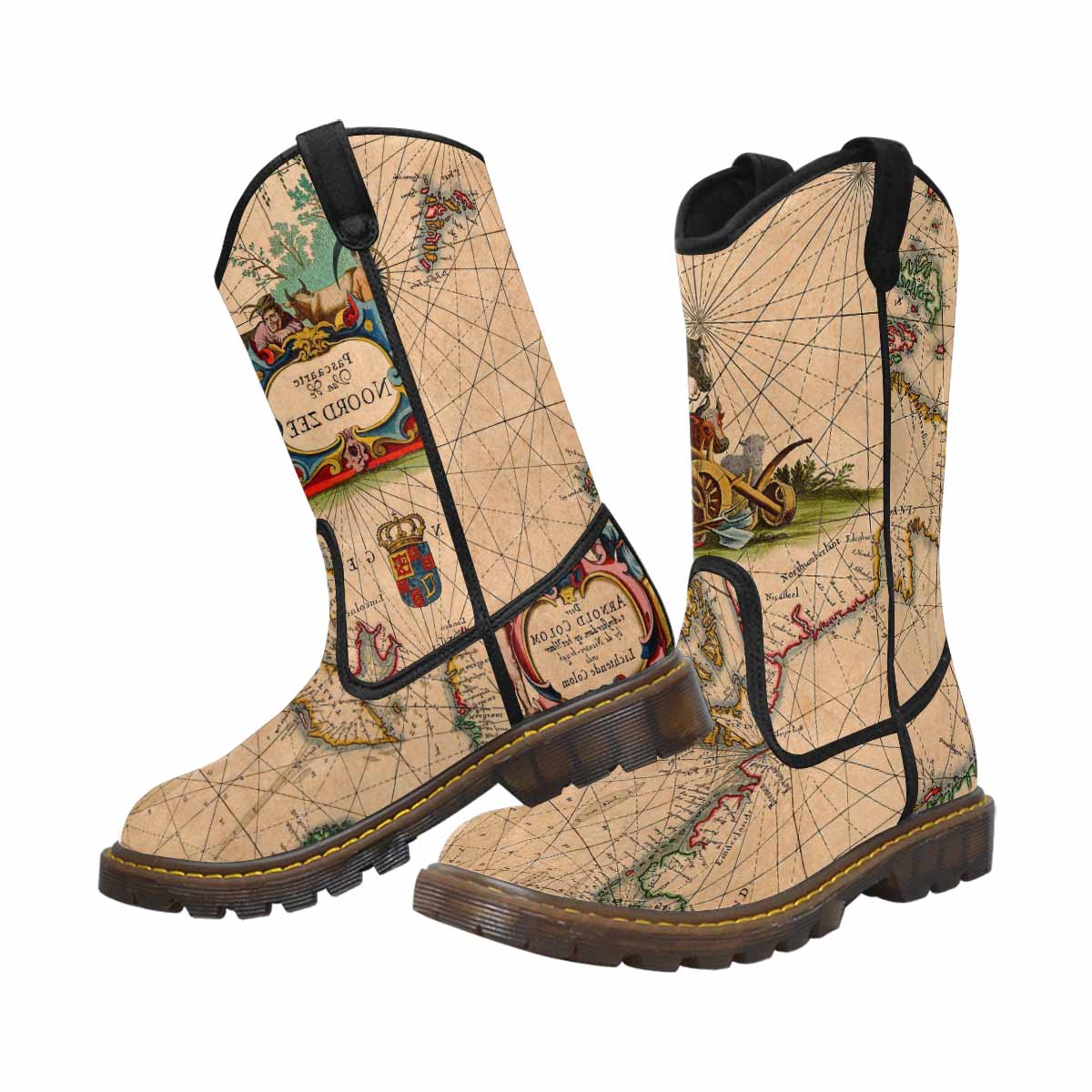 Antique Map design womens western lumber boots, Design 7