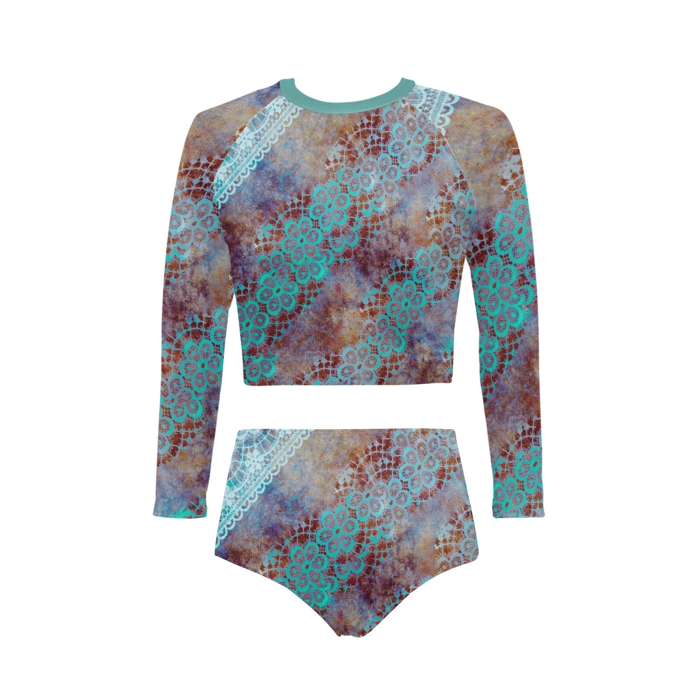 Victorian printed lace, long sleeve 2pc swimsuit, beachwear, design 37 Long Sleeve Bikini Set (Model S27)