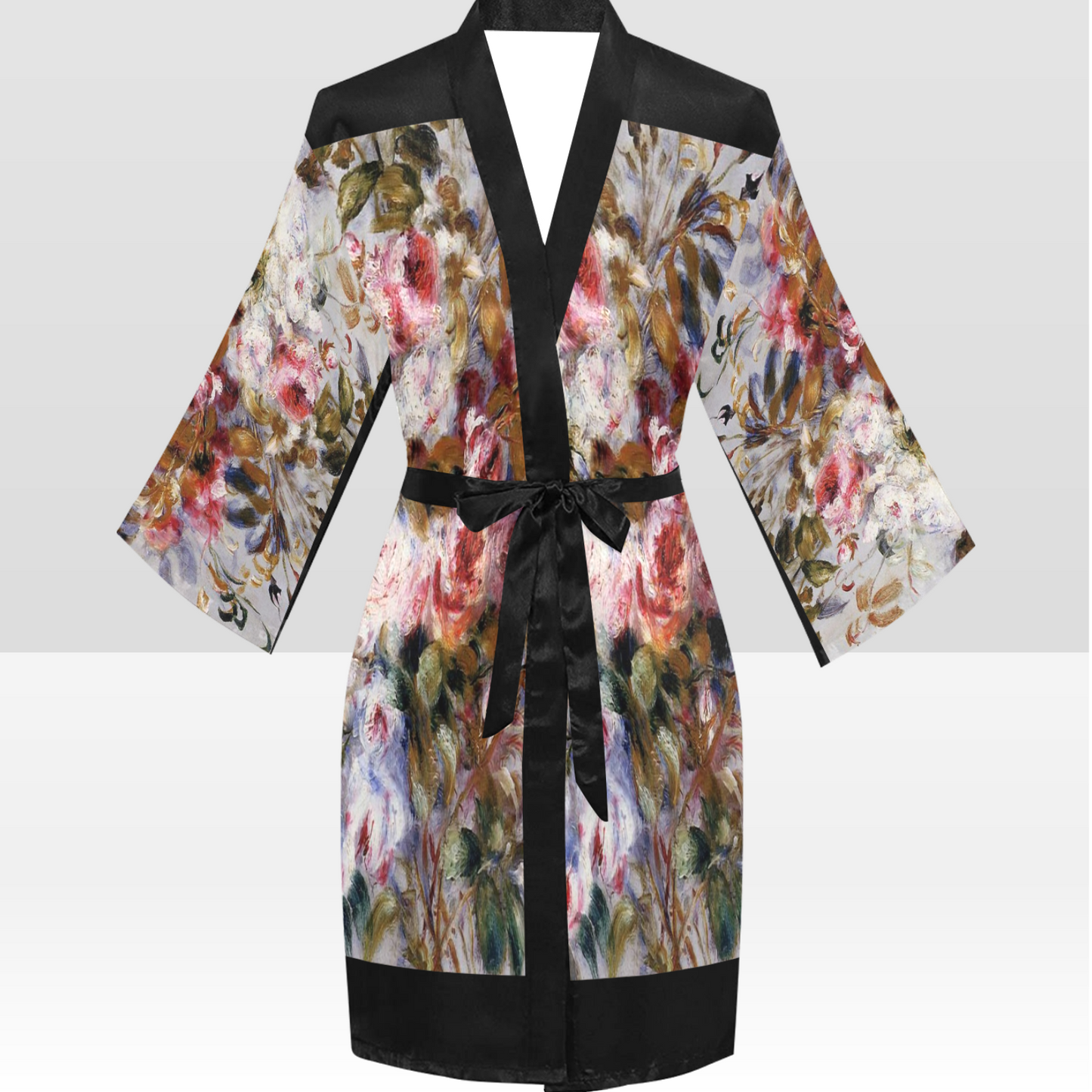 Vintage Floral Kimono Robe, Black or White Trim, Sizes XS to 2XL, Design 12