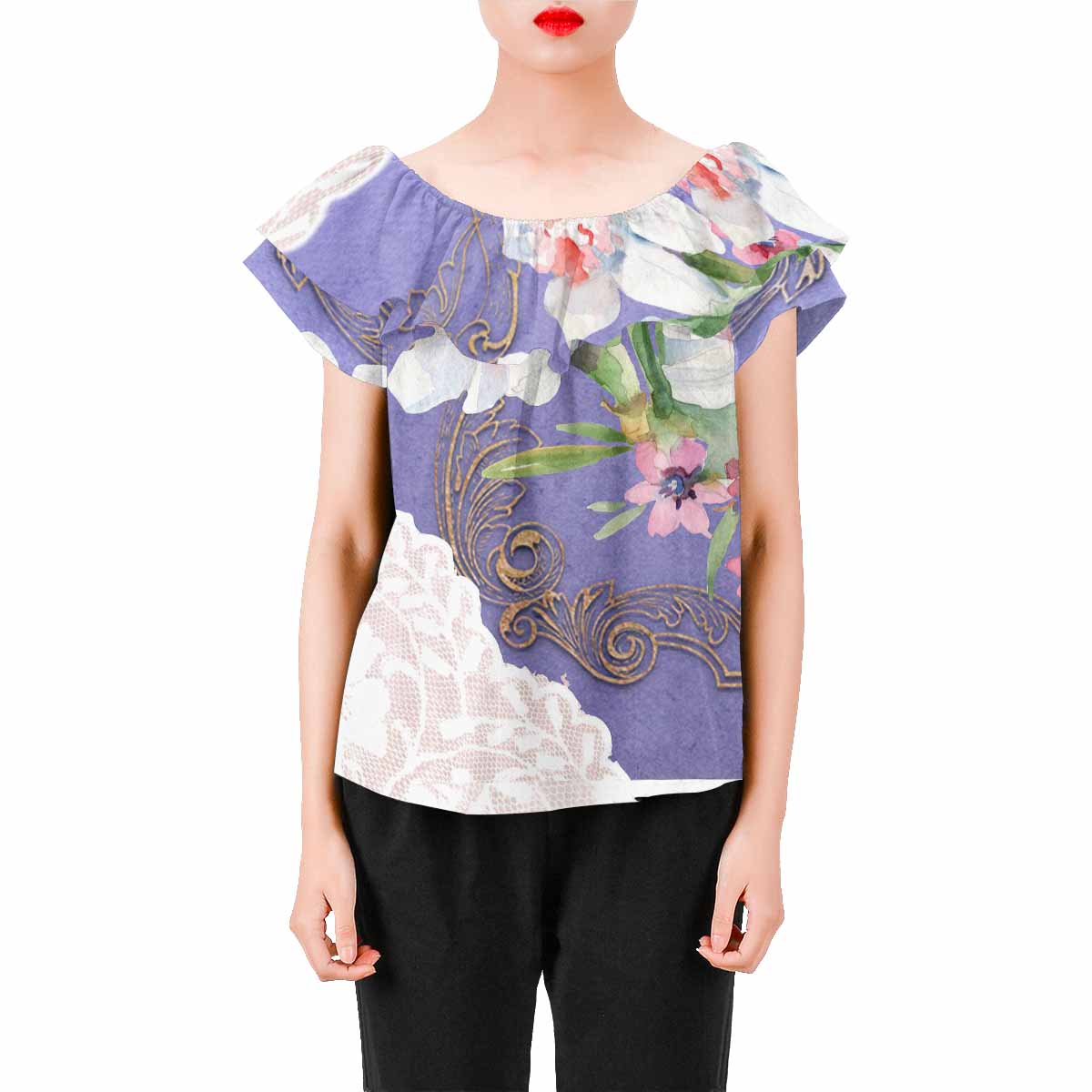 Victorian Lace print Chiffon Blouse, design 47