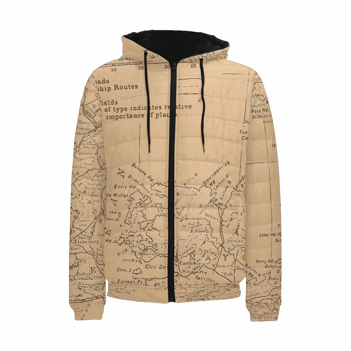 Antique Map design, mens lightweight, warm, quilted hooded bomber jacket, design, 51
