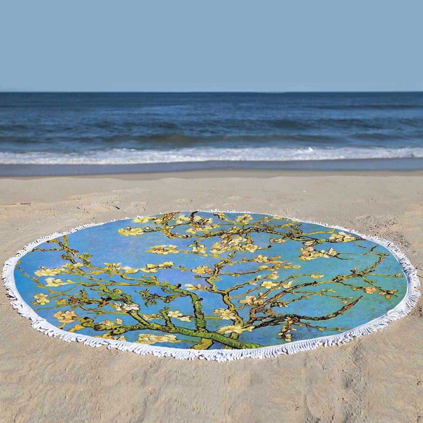 Vintage Floral circular plush beach towel, fringe edges, Design 20