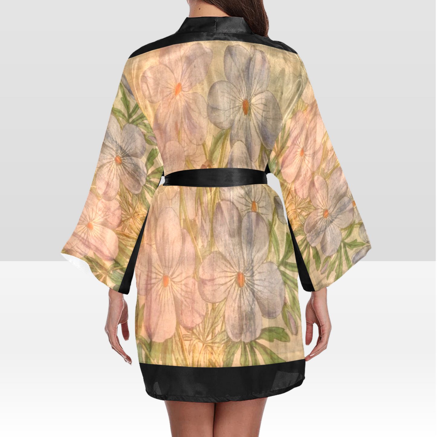 Vintage Floral Kimono Robe, Black or White Trim, Sizes XS to 2XL, Design 13xx