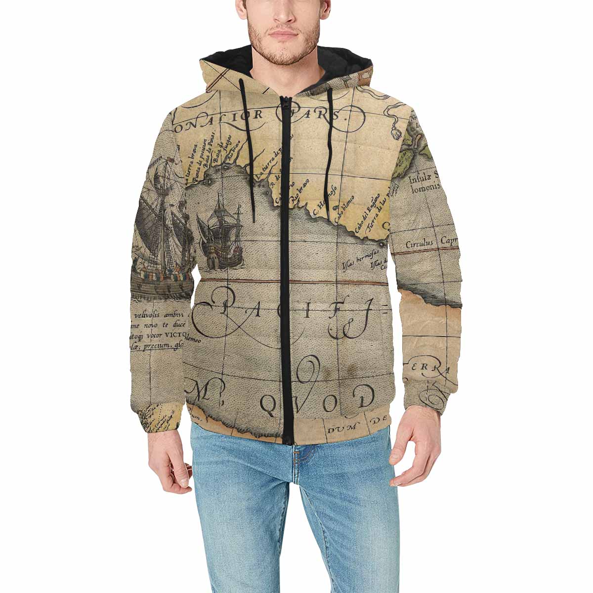 Antique Map design, mens lightweight, warm, quilted hooded bomber jacket, design, 46