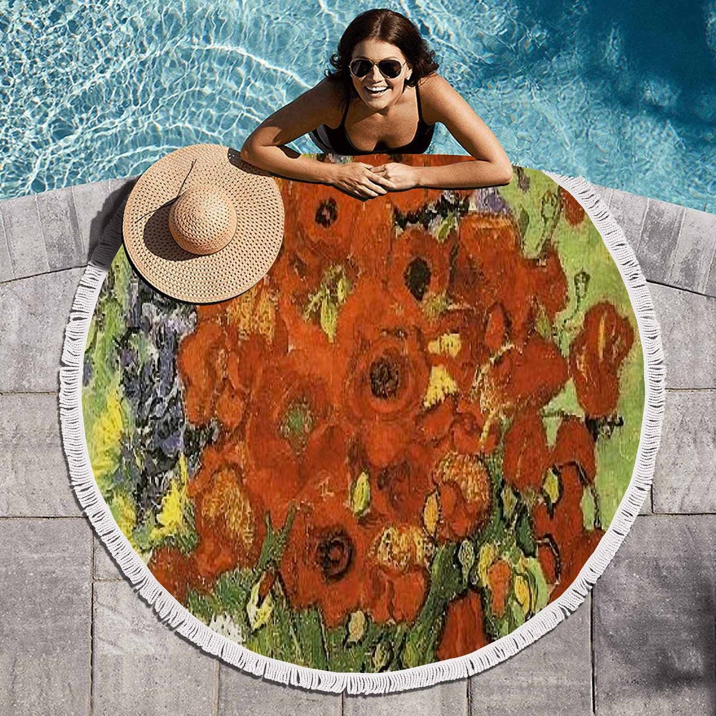 Vintage Floral circular plush beach towel, fringe edges, Design 56