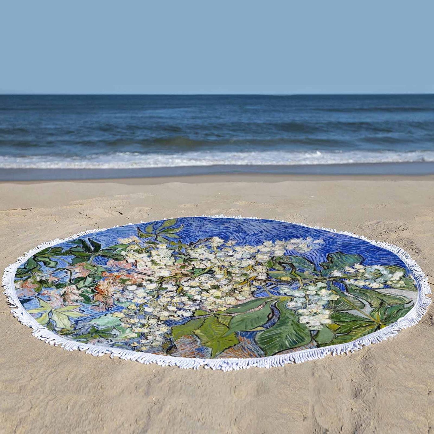 Vintage Floral circular plush beach towel, fringe edges, Design 04