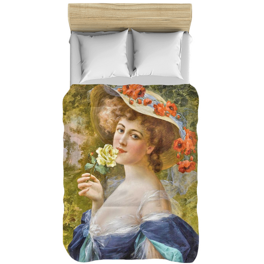 Victorian lady design comforter, twin, twin XL, queen or king, Woman with yellow rose at mouth